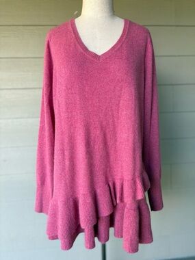 Women’s Isaac Mizrahi Live! 2-Ply Cashmere V-Neck Ruffle Peplum Sweater Pink 2X